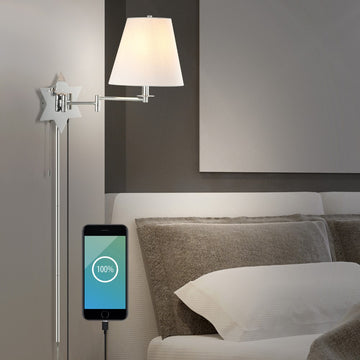 David 18.5" Modern French Country Swing Arm Plug-In or Hardwired Iron LED Star Wall Sconce with Pull-Chain and USB Charging Port - JONATHAN Y